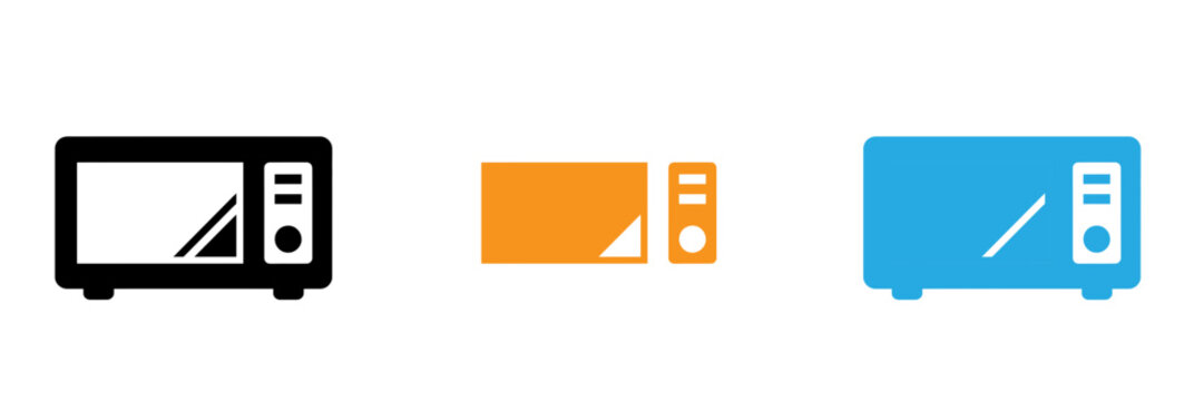 Set of three microwave oven icons in black orange and blue colors for kitchen appliance design concepts