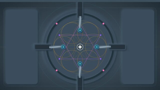 Futuristic geometric constellation animation with HUD crosshair rings and rotating orbit dots, sacred geometry technology UI motion graphic on dark background
