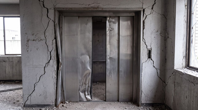 Abandoned building with cracked walls and damaged elevator symbolizing destruction and structural decay
