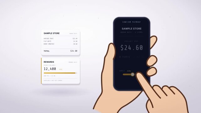 Hand using a smartphone to pay a bill with loyalty reward points and a wallet balance