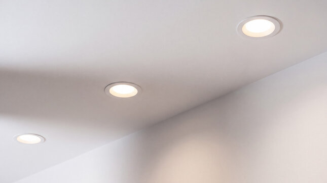 Ceiling spotlights illuminating a modern minimalist interior with white walls, creating bright recessed lighting