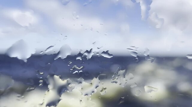 Close-up of raindrops on a window overlooking a stormy scene, with heavy rain and turbulent weather beyond the glass.