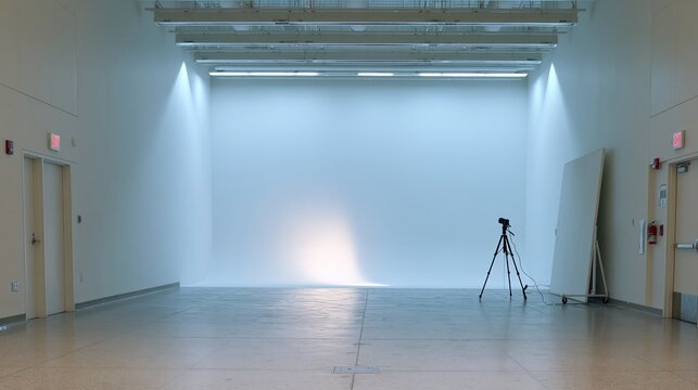 Empty professional photography studio with bright white cyclorama wall and tripod