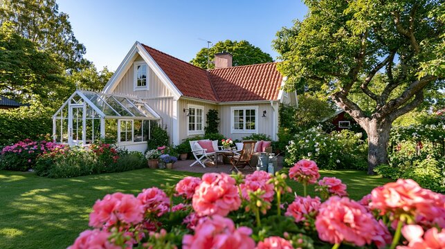 Charming Swedish Cottage with Greenhouse and Vibrant Garden in Summer Sunshine