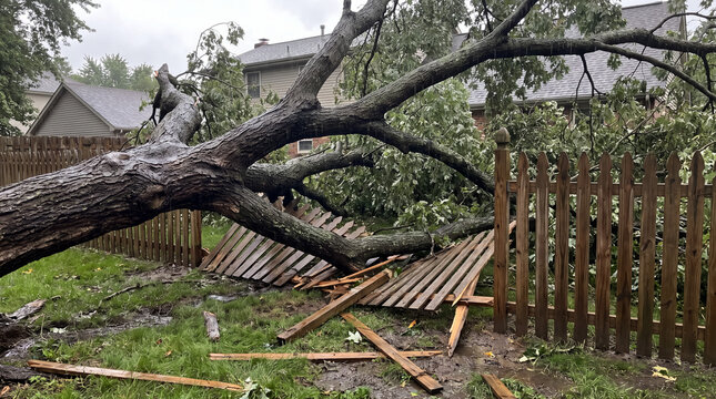Fallen tree breaking wooden fence during storm, causing damage and debris in a residential backyard