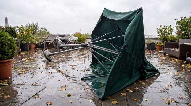 Fallen garden parasol and scattered leaves on wet patio after autumn storm with strong winds and rain