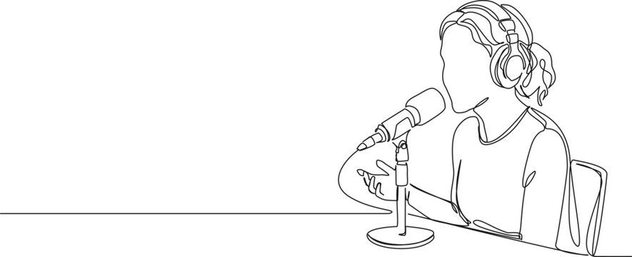 continuous line drawing of a young female host or guest with headphones speaking into microphone in podcast studio, podcasting or interview concept line art vector illustration