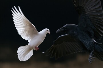 Naklejka premium Symbolic Contrast: White Dove and Black Raven in Dramatic Flight Against Dark Background