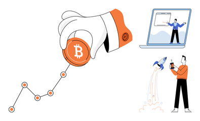 Naklejka premium Hand placing a bitcoin on a rising growth chart and people using technology vector illustration. Finance, investment, startup, digital marketing, cryptocurrency, success. Crypto coin market
