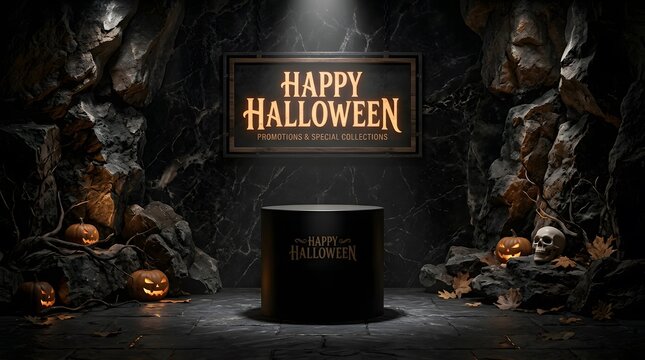 A spooky and delightful halloween scene featuring a dark stage and glowing festive decorations