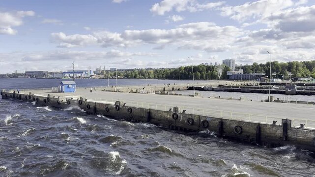 Petrozavodsk, Karelia, Russia, August 15, 2026. A view of the pier during a severe storm, with strong winds, heavy rain, and rough waves on Lake Onega creating a dramatic atmosphere.