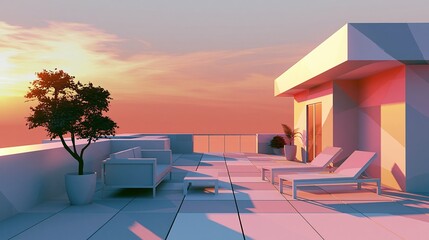 Naklejka premium Modern minimalist rooftop terrace lounge area with lounge chairs and sofa, bathed in golden sunset light