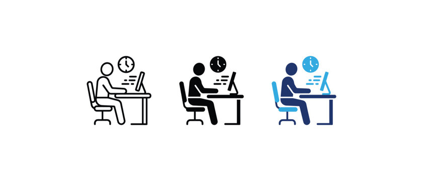 Working hours and office employee at desk icon set. Vector illustration