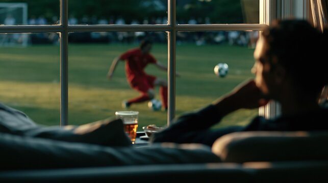 Man relaxing indoors watching a soccer game through a window with a drink