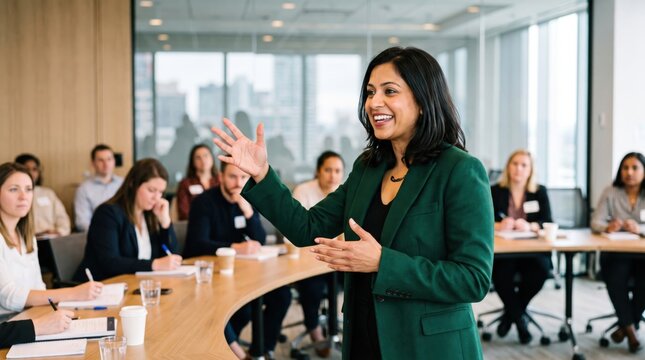 india asia asian indian woman leading a corporate meeting in a modern office setting with colleagues attentively listening