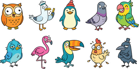 Naklejka premium Cute and Funny Cartoon Birds Character Collection Set Featuring Owl Seagull Penguin Pigeon Parrot Flamingo Toucan Chicken and Crow For Children Designs