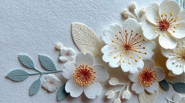 Delicate paper flowers arranged with leaves, creating an elegant and artistic composition
