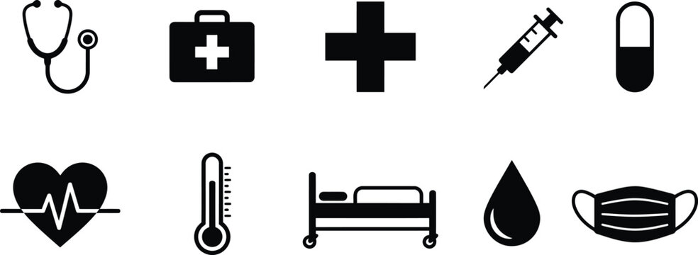 Set of ten black medical and healthcare icons representing various clinical equipment and hospital supplies on white background