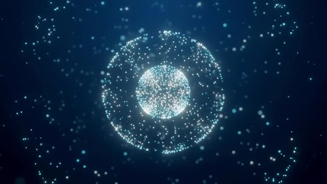 Particles sphere glowing abstract energy network convergence core blue technology transforms as luminous points contract from a globe into a radiant center for data science and innovation backgrounds
