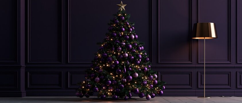 Dramatic holiday elegance for premium brand campaigns. Tall decorated tree adorned with deep purple baubles and warm fairy lights anchors a moody, dark paneled room beside a gold floor lamp.