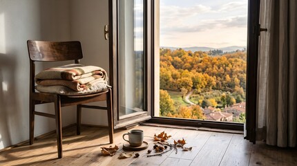 Naklejka premium A peaceful indoor autumn setup featuring a wooden chair with a warm blanket, a cup of hot coffee, and fallen dry leaves near an open window looking over a golden forest view.