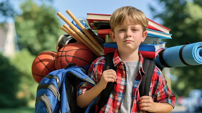 Young boy overloaded with books, sports equipment, and camping gear on his back, ready for school or adventure