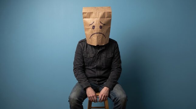 A person sitting on a wooden stool with a brown paper bag over their head, featuring a handdrawn sad face, against a solid blue background