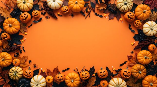 A vibrant and festive halloween frame composed of pumpkins and autumn foliage perfect for seasonal designs