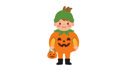 Fototapeta premium Cute Kid in Pumpkin Costume Holding Treat Bag