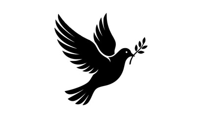 Fototapeta premium dove, peace, olive, branch, bird, flying, silhouette, black, white, vector, wings, feather, freedom, hope, harmony, faith, religion, Christian, spiritual, purity, charity, humanitarian, symbol, emblem