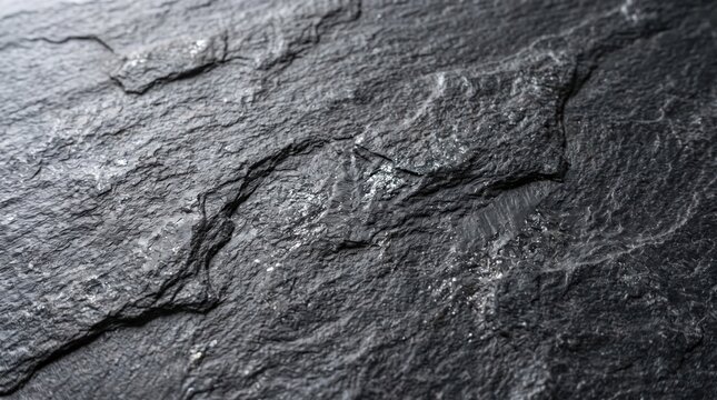 Closeup of dark grey slate stone texture with natural rough surface and mineral veins, high quality detailed background for design