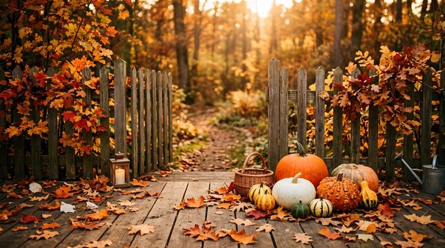 A beautiful autumn scene with vibrant fall foliage pumpkins and a pathway leading into a golden light