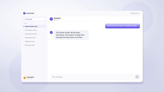 AI chat assistant app summarizing support tickets and drafting a note for the team