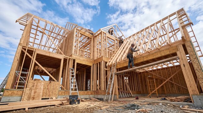 Construction workers framing the wooden structure of a new residential house under a blue sky