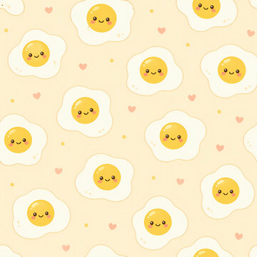Cute Fried Egg Seamless Pattern with Smiling Kawaii Faces and Hearts
