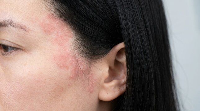 Close up of a woman with a red skin rash on her temple and near the ear