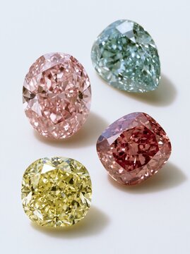 Collection of four exquisite, vibrant, and rare colored diamonds including pink, yellow, red, and blue, showcasing their unique facets and brilliance.