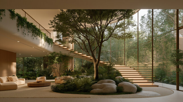 Serene Indoor Oasis: A breathtaking modern living space seamlessly blends indoor comfort with the tranquility of the outdoors, featuring lush greenery, a striking tree.