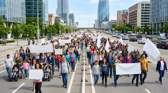 Diverse group of people marching with blank protest signs in city