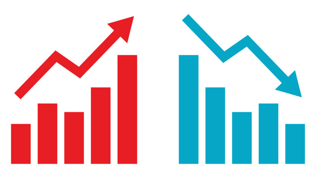 Red and blue financial bar charts showing growth and decline trends