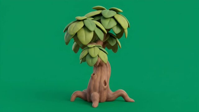 3D stylized cartoon tree isolated on green background for game design and animation.