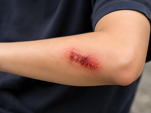 Close up of scraped arm injury with red skin abrasion on forearm near elbow