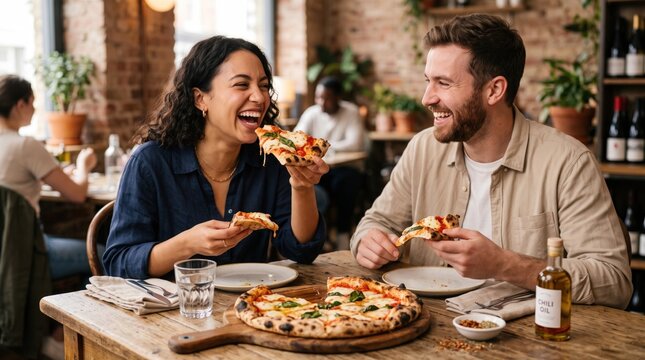 Happy couple laughing and eating pizza together at a restaurant table