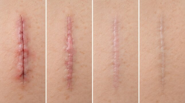 Close-Up Surgical Scar Healing Stages from Recent Incision to Mature Healed Scar, Medical Recovery Concept