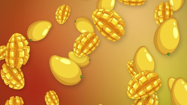 Animated Falling Whole and Sliced Mangoes on Gradient Background