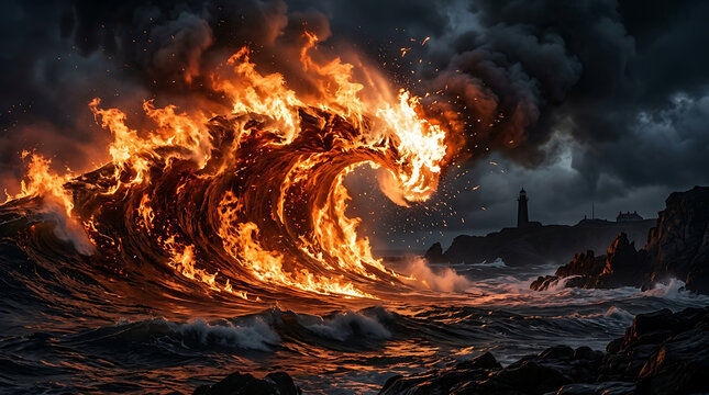 Ocean wave engulfed in flames crashing against rocky shore during storm with lighthouse