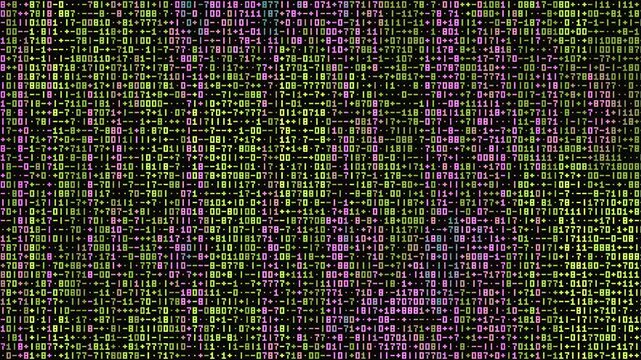 Abstract digital binary code background with glowing green and purple numeric data patterns in dark computer environment