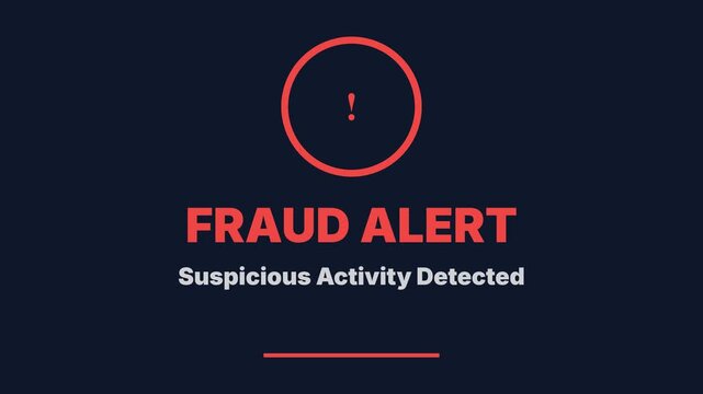 Animated fraud alert text, red exclamation mark in circle on dark background, warning message, symbolizing cybersecurity.
