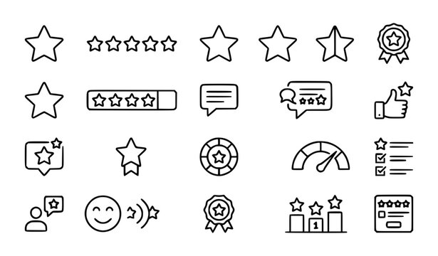 Star rating and customer review linear vector icon collection with feedback ranking and quality symbols