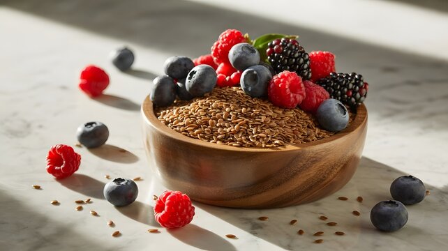 Wooden bowl filled with golden flax seeds topped with fresh raspberries blueberries and ripe blackberries